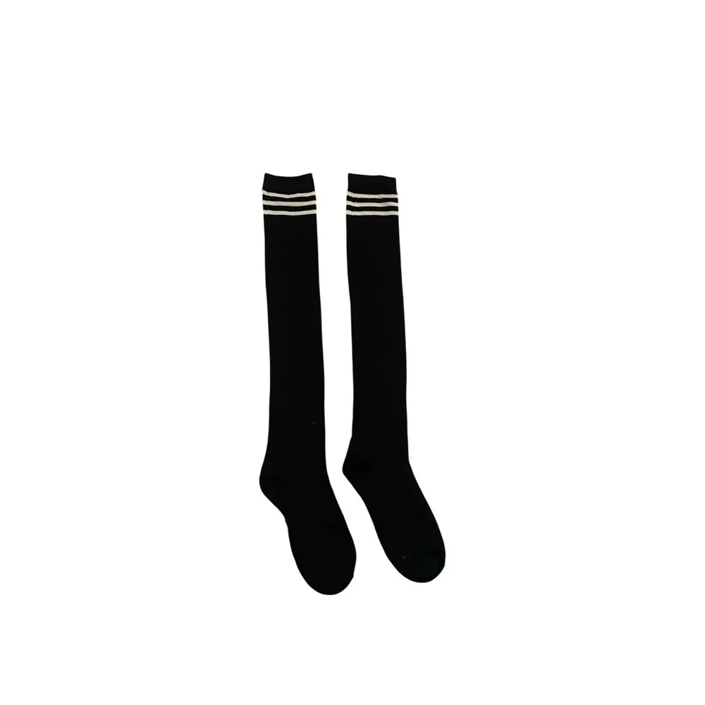 Black Wool Blend Knee High Socks Three Stripe Athletic Preppy Thick